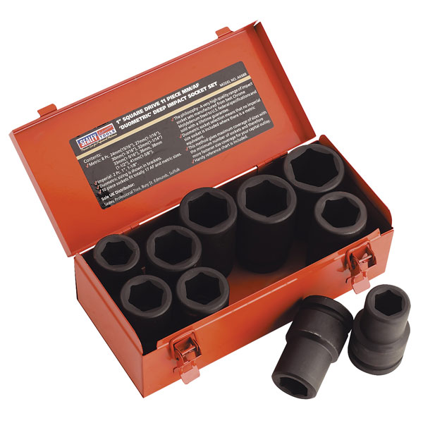 Sealey AK689 Impact Socket Set 10pc Deep 1"sq Drive Metric/imperial