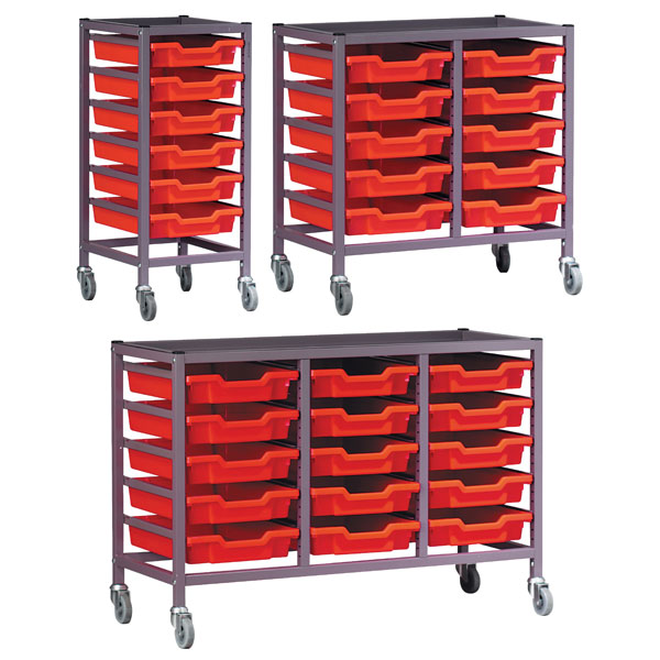 Gratnells 10 Shallow Tray (Red) Metal Rack (Grey) with Castors 710X420X725mm