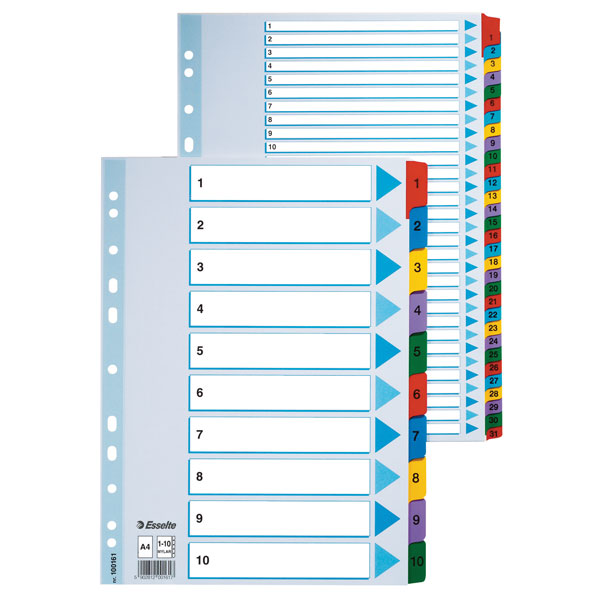  100161 Multicoloured Mylar Tabbed A4 Index 1 - 10 160gsm Board