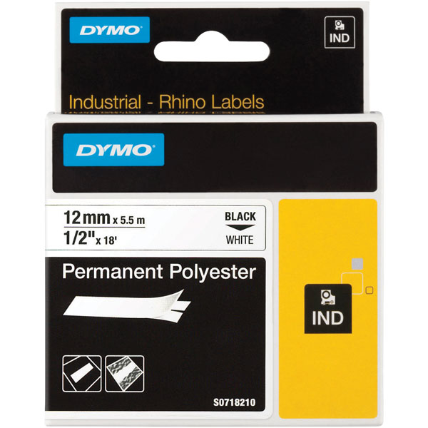  S0718210 Rhino Polyester Tape 12mm x 5.5m Black on White