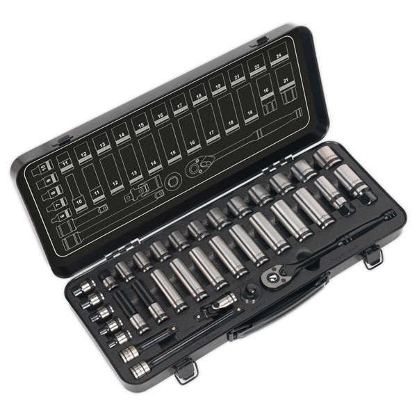 Sealey AK7971 Socket Set 34pc 3/8"Sq Drive 6pt WallDrive® Metric B...