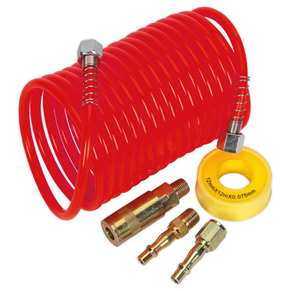 Sealey AHK03 Air Hose Kit 5m x Ø5mm PU Coiled with Connectors