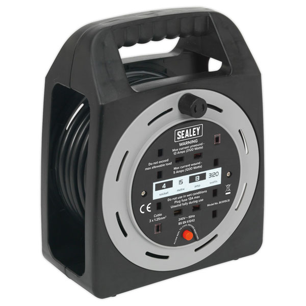 Sealey BCR15CB Cable Reel Box Type 15m 4 x 230V 1.25mm² Thermal Trip