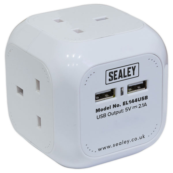 Sealey EL144USB Extension Cable Cube 1.4m 4 x 230V + 2 x USB Socke...