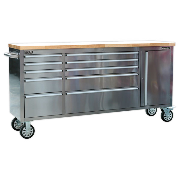 Sealey AP7210SS Mobile Stainless Steel Tool Cabinet 10 Drawer & Cu...