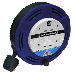 Cassette Cable Reel 240V 10A 4-Socket Thermal Cut-Out Blue 15m