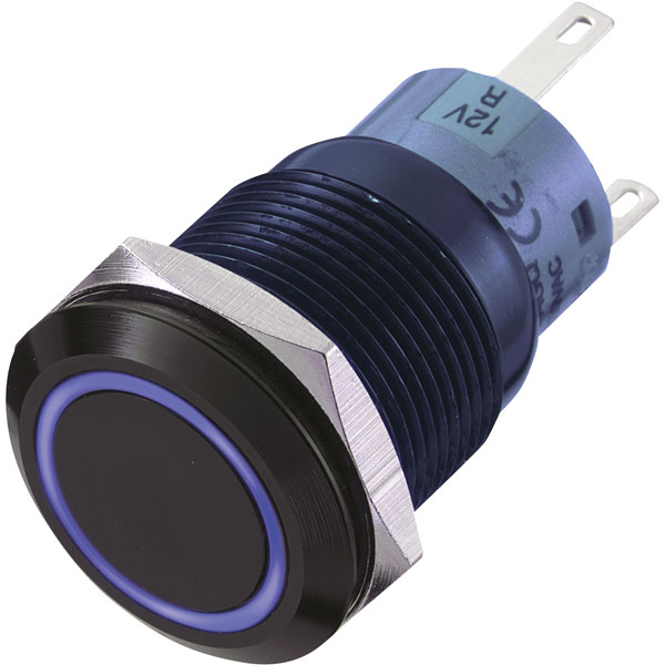 R-TECH 524571 19mm IP67 Vandal Resist Switch Black Blue LED SPDT