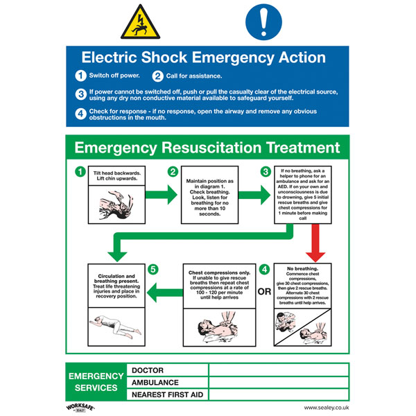 Worksafe SS33P1 Safety Sign Electric Shock Emergency Action - Rigi...