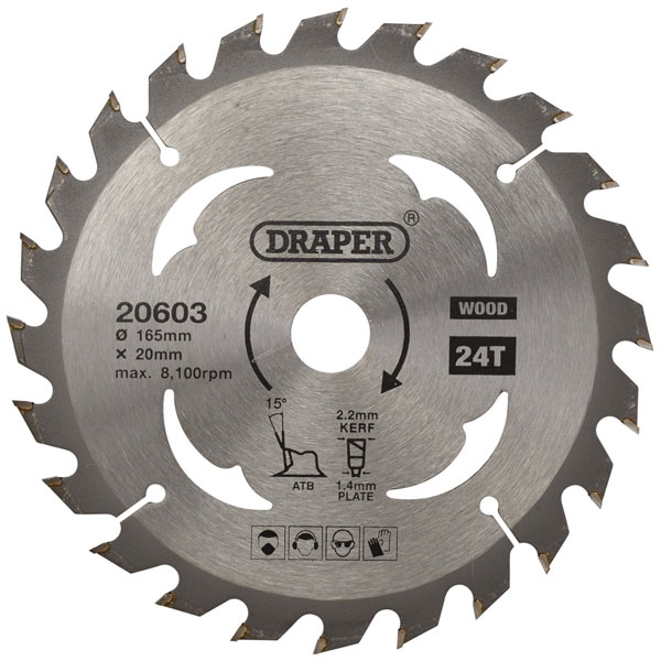 Draper 20603 TCT Circular Saw Blade for Wood, 165 x 20mm, 24T