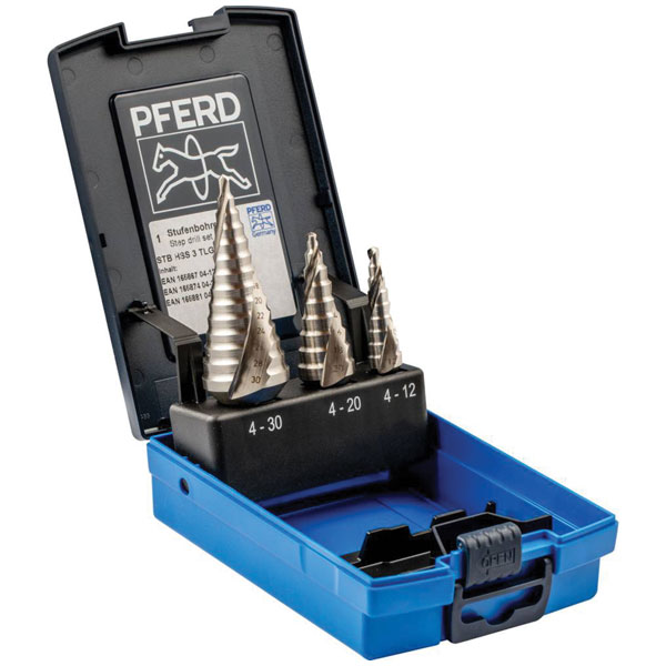 PFERD 25201046 step drill bit set 3 HSS bits 4–30 mm in case