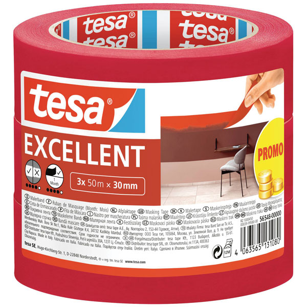 tesa 56548-00000-00 Excellent Masking Tape 50m x 30mm red 3pcs tea...