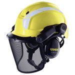 uvex 9774238 Forester's hard hat red lattice visor hearing protection