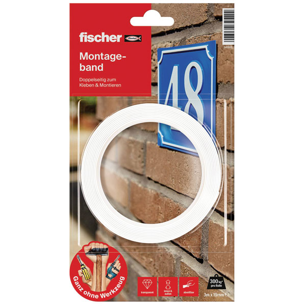 Fischer 545955 Double sided adhesive tape 3m x 19mm strong hold 1pc