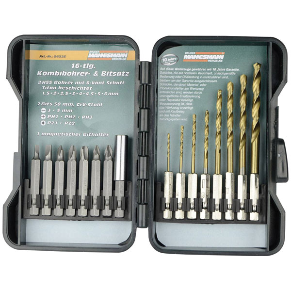 Brüder Mannesmann M54325 Drill Bit Set TiN Coated 16-Piece for Pre...