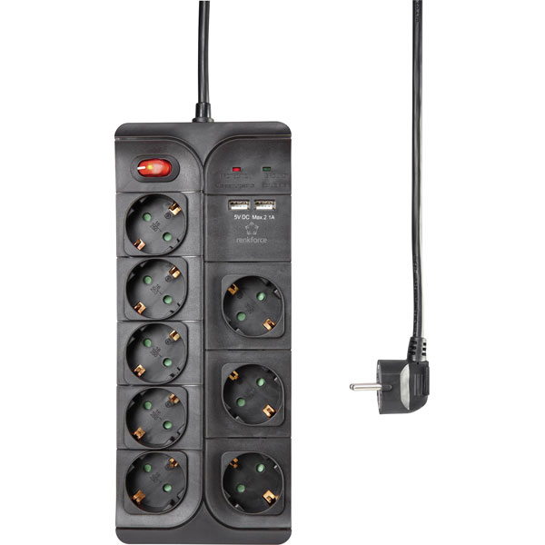 Renkforce 1574788 Surge Protection Power Strip 8 Connections 2 USB
