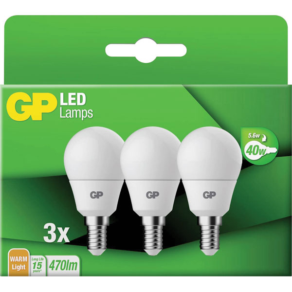 GP MGLE14STD854C3 LED E14 Globe 5.6W Warm White 45x84mm 3 pieces