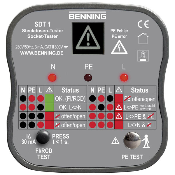 Benning 020053 SDT 1 Outlet Tester CAT III 300V LED/LCD Safe Socke...