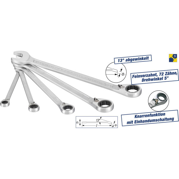 Hazet 606/5 Ratcheting Crowfoot Wrench Set 5-Piece 8-19mm 72 Teeth