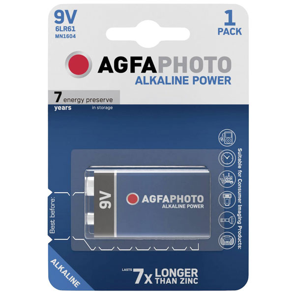 AgfaPhoto 6LR61 Battery Alkaline 9V Long Life for High Power Devices