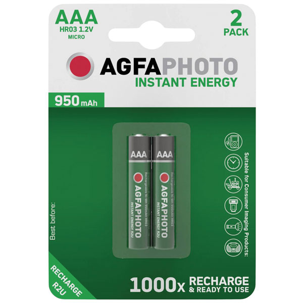 AgfaPhoto 132-803944 AAA Rechargeable Battery NiMH 950mAh 1.2V 2pc