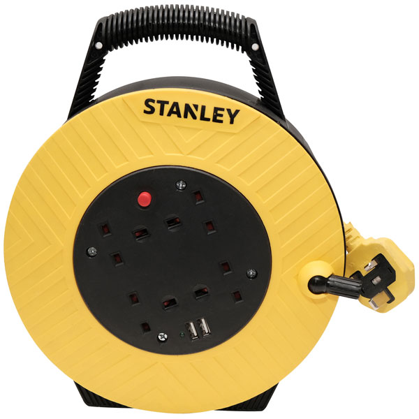 Stanley SXECGJ2OHME SemiEnclosed CableReel 240V 13A 4Socket 2USB 7.5m