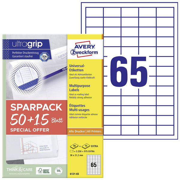 Avery-Zweckform 6121-65 All-purpose labels White Paper 38x21.2mm 6...
