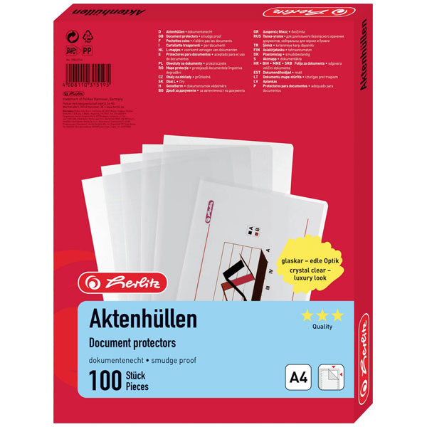 Herlitz 10843753 Plastic sleeve A4 PP 0.09 mm Transparent 100 pcs
