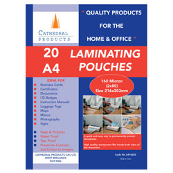 Cathedral Products A4 Laminating Pouches 160 micron Pack 20