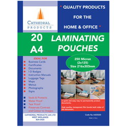 Cathedral Products LPA425020 A4 Laminating Pouches 250 micron Pack 20