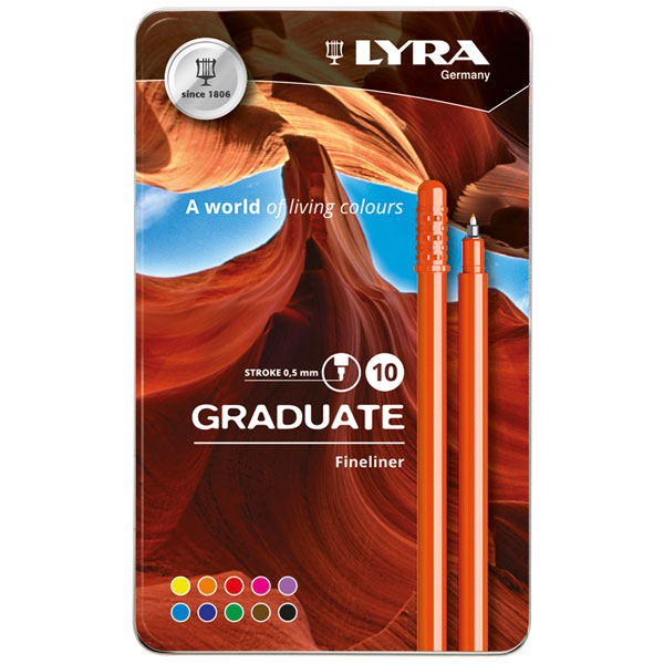 Fila Lyra Graduate Fineliner Pens 10 Assorted Colours in Tin Box