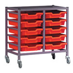 Gratnells 10 Shallow Tray (Red) Metal Rack (Grey) with Castors 710X420X725mm