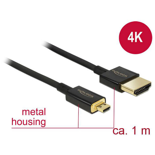 Delock 84781 HDMI-A to HDMI Micro-D Cable 1m Slim 4K 60Hz Black Tr...