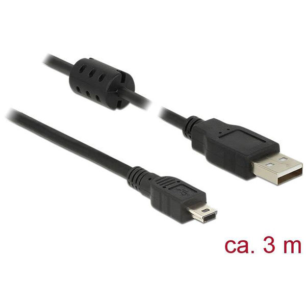 Delock 84915 USB 2.0 Cable Type-A to Mini-B 3m Black incl. Ferrite...