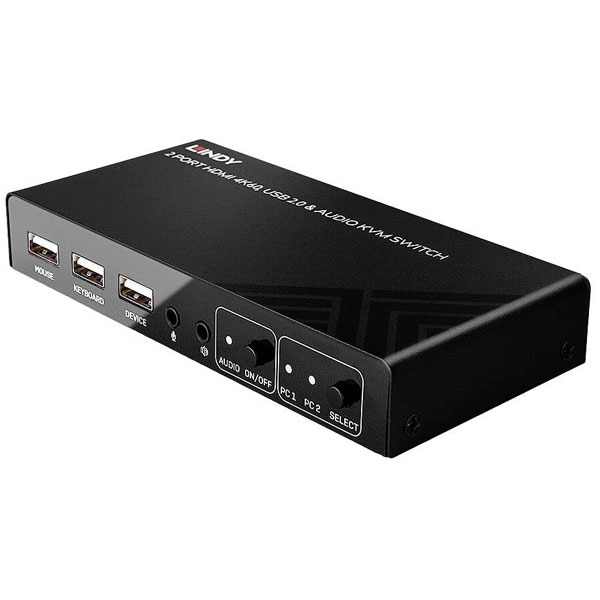 LINDY 32809 2-Port HDMI 2.0 KVM Switch 4K60 USB 2.0 Audio HDR Black