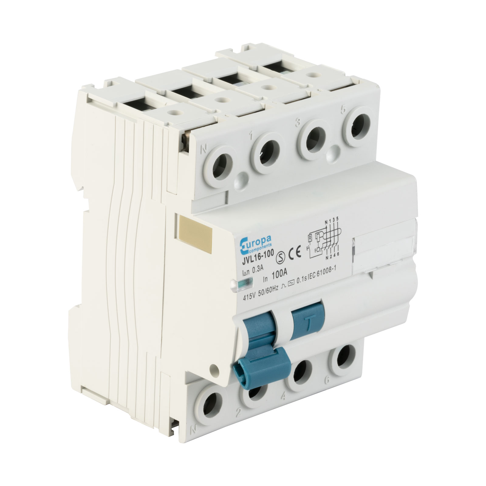 Europa Components EUR1100.300/4 Four Pole RCCB 6kA 300mA 100A Rapid