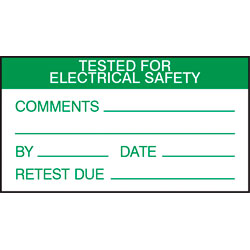 Tested For Electrical Safety Labels, Green On Nylon Cloth 70 x 38mm, Pack Of 30