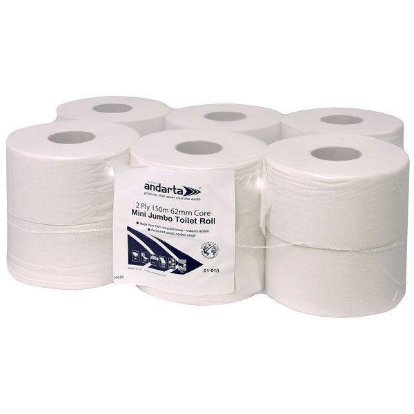 Andarta 01-019 2Ply 150m 62mm Core Mini Jumbo Toilet Roll - Pack Of 12