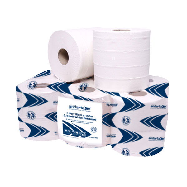  21-007 2Ply White Embossed 150m Centre Feed Roll - Pack Of 6