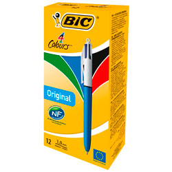 BiC 4 Colour Pen, Blue Barrel - Black, Blue, Red and Green Original (Pack of 12)