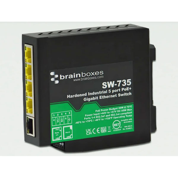 Brainboxes SW-735 Hardened Industrial 5 Port PoE+ Gigabit Ethernet...