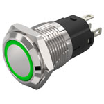 EAO 82-4151.2133 Illum. PButton maint. 16mm St.Steel flush/flat ring green 12V
