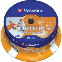 Verbatim 43538 DVD-R Wide Inkjet Printable ID Brand 4.7GB 120min - Pack Of 25