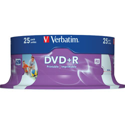 Verbatim 43539 DVD+R Wide Inkjet Printable ID Brand 4.7GB 120min - Pack Of 25