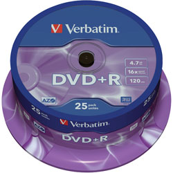 Verbatim 43500 DVD+R Matt Silver 4.7GB 120min - Pack Of 25