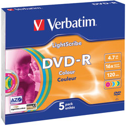 Verbatim 43674 DVD-R Lightscribe Colour V1.2 16x 4.7GB - Pack Of 5
