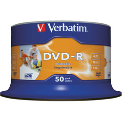 Verbatim 43649 DVD-R Wide Inkjet Printable ID Brand 16x 4.7GB - Pack Of 50