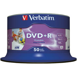 Verbatim 43651 DVD+R Wide Inkjet Printable ID Brand 16x 4.7GB - Pack Of 50