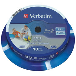 Verbatim 43751 BD-R SL LTH Type 25GB 6x Wide Printable - Pack Of 10