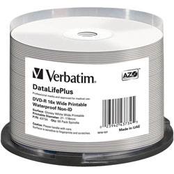 Verbatim 43734 DVD-R 16x 4.7GB Wide Printable Waterproof - Pack Of 50