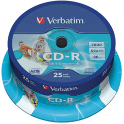 Verbatim 43439 CD-R AZO Wide Inkjet Printable 52x 700MB - Pack Of 25